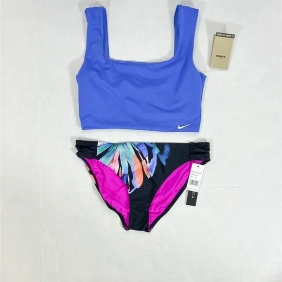 Nike Swim NWT Sz L Pacific Blue Fitted Crop Top & La Blanca Prism Palm Buttom - Picture 2 of 8